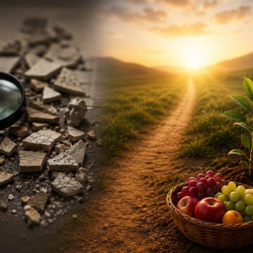 lupe-frucht Symbolbild für geistliche Prüfung: Links liegen zerbrochene Fragmente neben einer Lupe im Dunkeln, rechts führt ein heller Weg durch eine grüne Landschaft zum Sonnenlicht; im Vordergrund wachsen eine junge Pflanze und ein Korb voller Früchte als Zeichen für Zusammenhang, geistliche Frucht und Wahrheit im Ganzen.