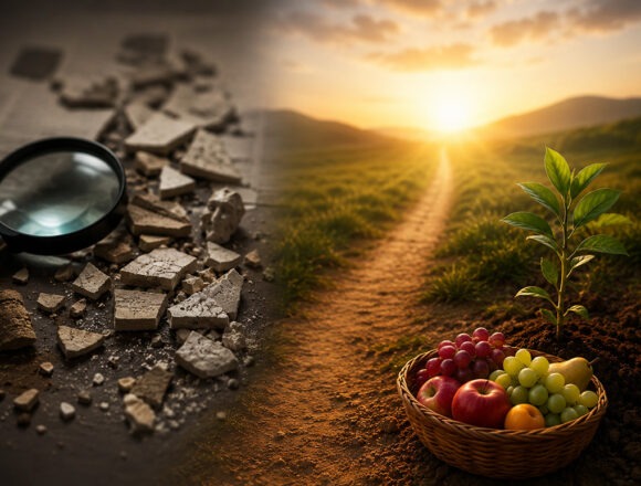lupe-frucht Symbolbild für geistliche Prüfung: Links liegen zerbrochene Fragmente neben einer Lupe im Dunkeln, rechts führt ein heller Weg durch eine grüne Landschaft zum Sonnenlicht; im Vordergrund wachsen eine junge Pflanze und ein Korb voller Früchte als Zeichen für Zusammenhang, geistliche Frucht und Wahrheit im Ganzen.