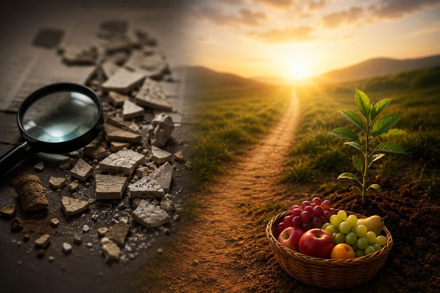 lupe-frucht Symbolbild für geistliche Prüfung: Links liegen zerbrochene Fragmente neben einer Lupe im Dunkeln, rechts führt ein heller Weg durch eine grüne Landschaft zum Sonnenlicht; im Vordergrund wachsen eine junge Pflanze und ein Korb voller Früchte als Zeichen für Zusammenhang, geistliche Frucht und Wahrheit im Ganzen.