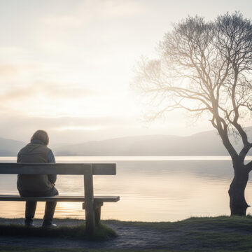 mann-am-ufer Solitary man sitting on wooden bench facing calm lake at sunset with bare tree and small rowing boat