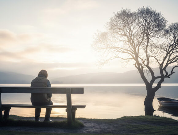 mann-am-ufer Solitary man sitting on wooden bench facing calm lake at sunset with bare tree and small rowing boat