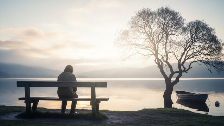 mann-am-ufer Solitary man sitting on wooden bench facing calm lake at sunset with bare tree and small rowing boat