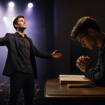 show-glaube Ein Mann steht im Rampenlicht auf einer Bühne, während er auf der anderen Bildseite demütig im Gebet über einer geöffneten Bibel nachdenkt – als Symbol für die Frage, ob gottgegebene Fähigkeiten Gott dienen oder der Selbstdarstellung.