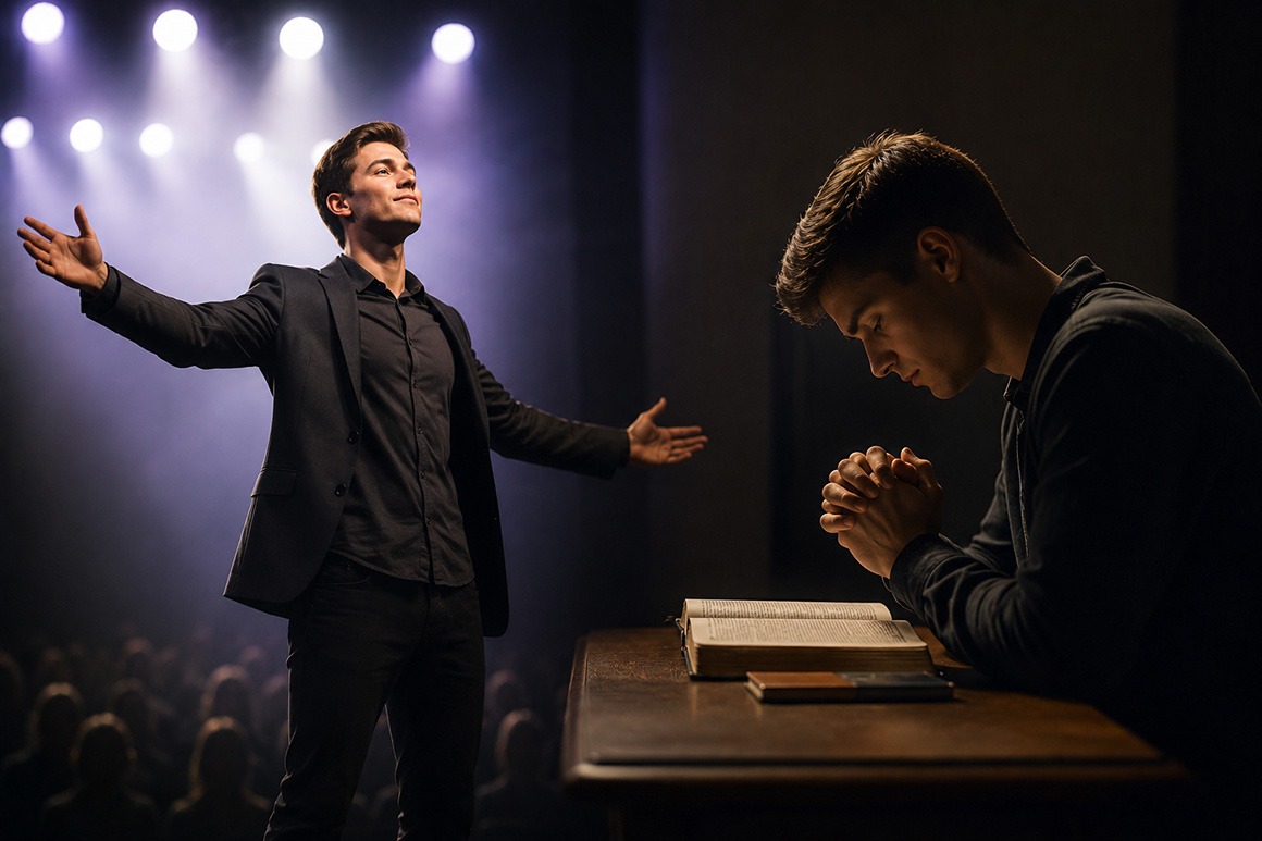 Ein Mann steht im Rampenlicht auf einer Bühne, während er auf der anderen Bildseite demütig im Gebet über einer geöffneten Bibel nachdenkt – als Symbol für die Frage, ob gottgegebene Fähigkeiten Gott dienen oder der Selbstdarstellung.
