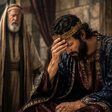david-nathan David sitzt tief erschüttert und bereut seine Sünde an Uria und Bathseba; im Hintergrund steht der Prophet Nathan, der ihm Gottes Gerichtsbotschaft überbracht hat.