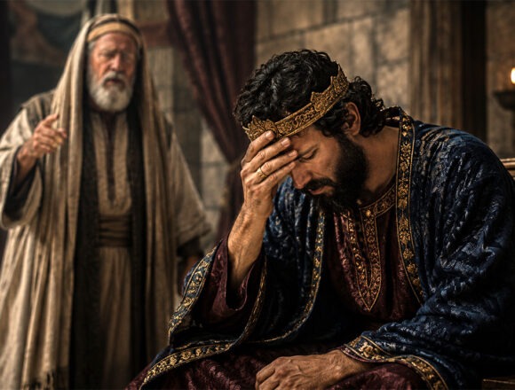 david-nathan David sitzt tief erschüttert und bereut seine Sünde an Uria und Bathseba; im Hintergrund steht der Prophet Nathan, der ihm Gottes Gerichtsbotschaft überbracht hat.