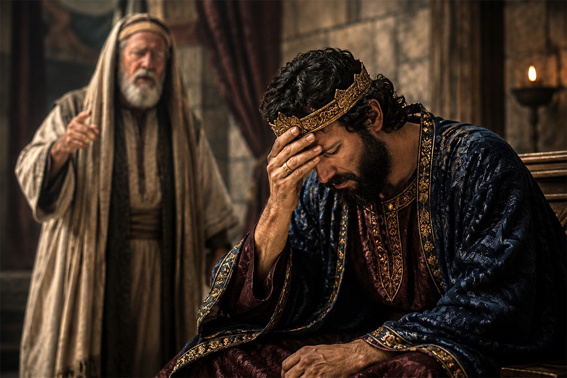 David sitzt tief erschüttert und bereut seine Sünde an Uria und Bathseba; im Hintergrund steht der Prophet Nathan, der ihm Gottes Gerichtsbotschaft überbracht hat.