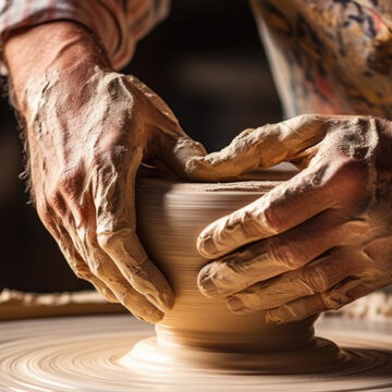 potter Ein Keramiker, der in einer Werkstatt an einer Töpferscheibe gekonnt eine Schale formt, mit einem Bild aus dem Kopierraum