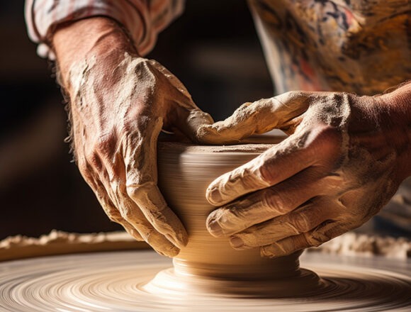 potter Ein Keramiker, der in einer Werkstatt an einer Töpferscheibe gekonnt eine Schale formt, mit einem Bild aus dem Kopierraum