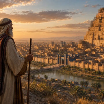 abraham-babel Abraham steht mit einem Hirtenstab auf einer Anhöhe und blickt auf die mächtige Stadt Babel mit ihrem gewaltigen Turm. Das Bild symbolisiert den Augenblick, in dem Gott ihn aus der hochentwickelten Zivilisation Mesopotamiens herausruft, um ihm im Glauben zu folgen.
