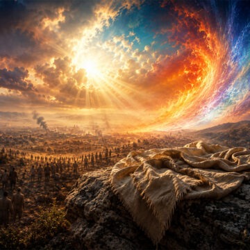 gottes-leid Eine dramatische, farbenreiche Landschaft zeigt ein weites, leidendes Tal mit vielen Menschen unter einem aufgewühlten Himmel. Im Vordergrund liegt ein helles Tuch auf einem Felsen, während über der zerstörten Welt ein leuchtender Wirbel aus Feuer, Wasser und Licht aufbricht – als Symbol für Gottes verborgenes Mitleiden, Hoffnung und verwandelnde Gegenwart. Etwas kürzer für SEO/Barrierefreiheit: Ein helles Tuch liegt auf einem Felsen über einer leidenden Welt, während ein farbenreicher Himmelswirbel aus Licht, Feuer und Wasser Gottes verborgenes Mitleiden und Hoffnung symbolisiert.