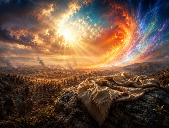 gottes-leid Eine dramatische, farbenreiche Landschaft zeigt ein weites, leidendes Tal mit vielen Menschen unter einem aufgewühlten Himmel. Im Vordergrund liegt ein helles Tuch auf einem Felsen, während über der zerstörten Welt ein leuchtender Wirbel aus Feuer, Wasser und Licht aufbricht – als Symbol für Gottes verborgenes Mitleiden, Hoffnung und verwandelnde Gegenwart. Etwas kürzer für SEO/Barrierefreiheit: Ein helles Tuch liegt auf einem Felsen über einer leidenden Welt, während ein farbenreicher Himmelswirbel aus Licht, Feuer und Wasser Gottes verborgenes Mitleiden und Hoffnung symbolisiert.