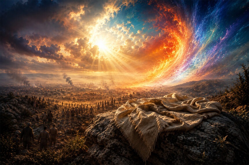 gottes-leid Eine dramatische, farbenreiche Landschaft zeigt ein weites, leidendes Tal mit vielen Menschen unter einem aufgewühlten Himmel. Im Vordergrund liegt ein helles Tuch auf einem Felsen, während über der zerstörten Welt ein leuchtender Wirbel aus Feuer, Wasser und Licht aufbricht – als Symbol für Gottes verborgenes Mitleiden, Hoffnung und verwandelnde Gegenwart. Etwas kürzer für SEO/Barrierefreiheit: Ein helles Tuch liegt auf einem Felsen über einer leidenden Welt, während ein farbenreicher Himmelswirbel aus Licht, Feuer und Wasser Gottes verborgenes Mitleiden und Hoffnung symbolisiert.