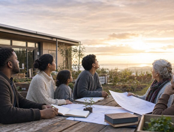 sta-planen A multigenerational church group pauses its planning and looks together toward the sun-drenched horizon.