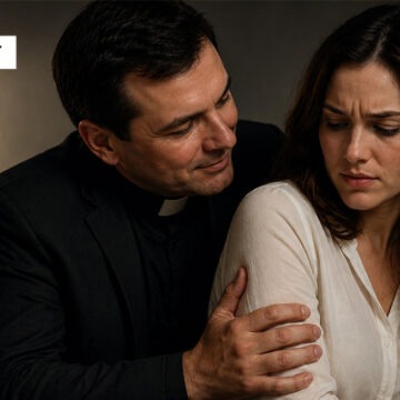 verführung Ein Mann in dunkler geistlicher Kleidung sitzt dicht hinter einer verunsicherten Frau und legt seine Hand auf ihren Arm. Die Szene wirkt angespannt und zeigt symbolisch religiöse Manipulation, Grenzüberschreitung und geistlichen Machtmissbrauch.
