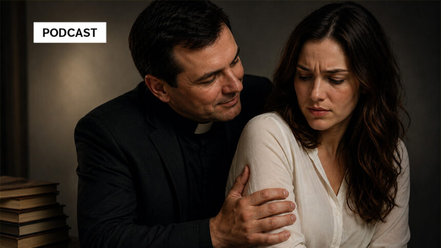 verführung Ein Mann in dunkler geistlicher Kleidung sitzt dicht hinter einer verunsicherten Frau und legt seine Hand auf ihren Arm. Die Szene wirkt angespannt und zeigt symbolisch religiöse Manipulation, Grenzüberschreitung und geistlichen Machtmissbrauch.