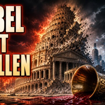 babylon_fallen ### German A collapsing Tower of Babel merges with Roman architecture and a digitally connected modern metropolis. In the foreground lies an overturned golden chalice from which red wine flows. The inscription reads: “BABEL HAS FALLEN.”