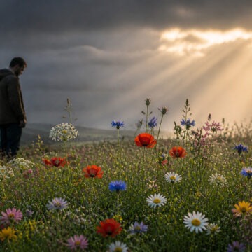 God's love A man stands with his head bowed in the shade of a colorful wildflower meadow, while sunlight breaks through dark clouds.