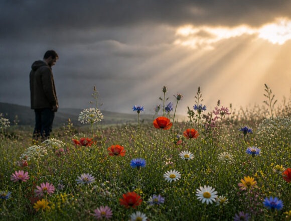 gottes-liebe Ein Mann steht mit gesenktem Kopf im Schatten einer bunten Wildblumenwiese, während Sonnenlicht durch dunkle Wolken bricht.
