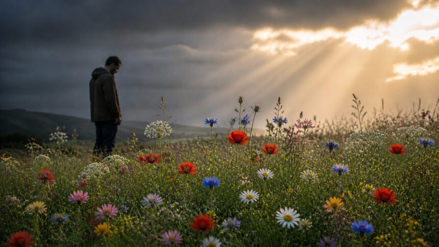 gottes-liebe Ein Mann steht mit gesenktem Kopf im Schatten einer bunten Wildblumenwiese, während Sonnenlicht durch dunkle Wolken bricht.