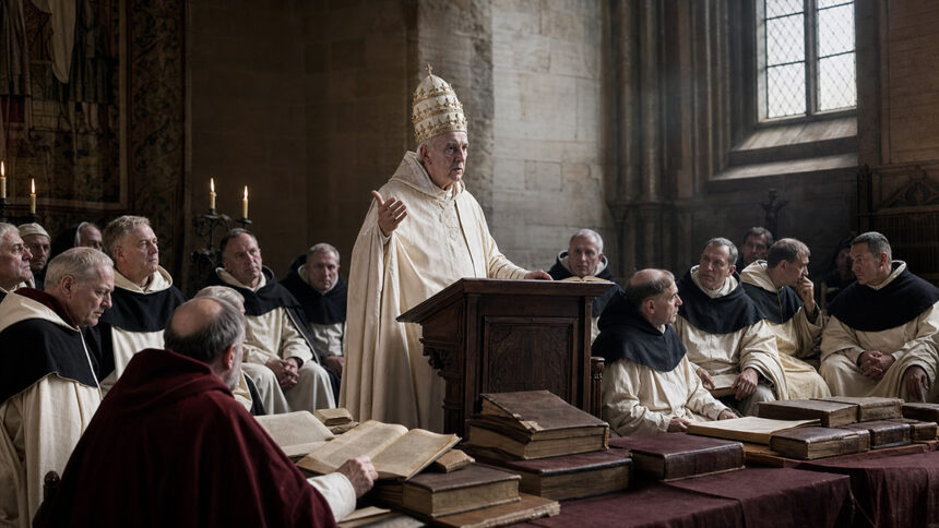 pope Johannes XXII. bei seiner kontroversen Predigt im Avignon des Jahres 1330, umgeben von skeptischen Dominikanern und Theologen