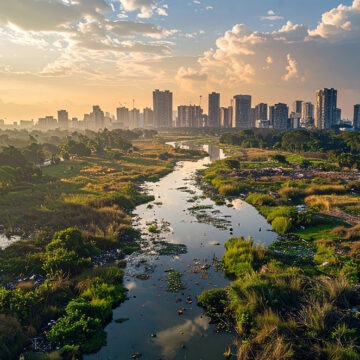 stadt-land Die Skyline von Johannesburg bei Sonnenuntergang – Ein Fluss fließt hindurch.