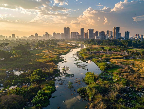 stadt-land Die Skyline von Johannesburg bei Sonnenuntergang – Ein Fluss fließt hindurch.