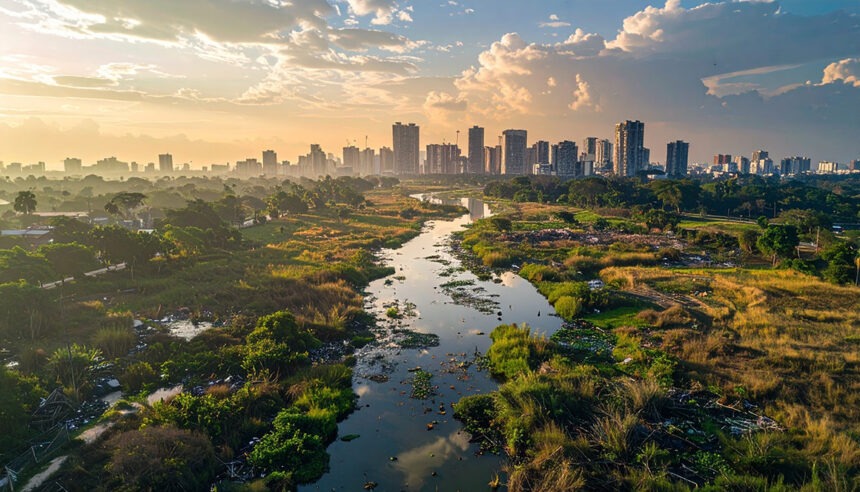 stadt-land Die Skyline von Johannesburg bei Sonnenuntergang – Ein Fluss fließt hindurch.