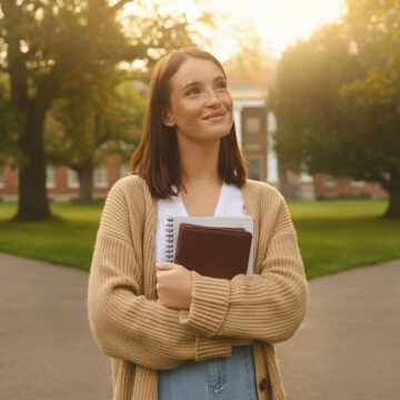 studentin Junge Studentin mit Bibel und Notizbuch an einer Weggabelung auf einem ländlichen College-Campus, warmes Morgenlicht, hoffnungsvolle und authentische Bildsprache, ohne Text oder Logos.