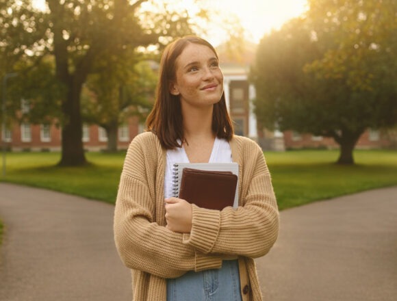 studentin Junge Studentin mit Bibel und Notizbuch an einer Weggabelung auf einem ländlichen College-Campus, warmes Morgenlicht, hoffnungsvolle und authentische Bildsprache, ohne Text oder Logos.