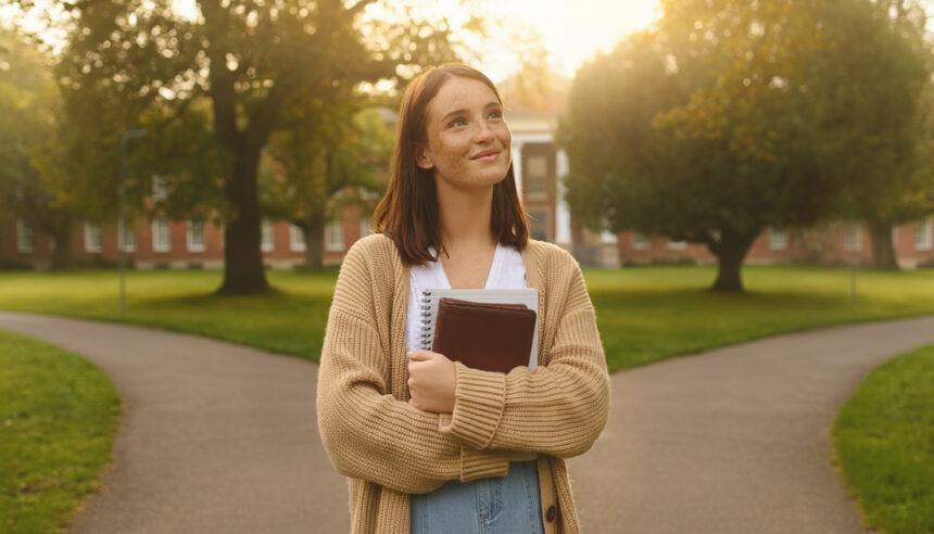 female student A young female student holding a Bible and a notebook at a fork in the road on a rural college campus, bathed in warm morning light; the imagery conveys hope and authenticity, with no text or logos.