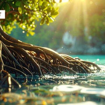 root Mangrove roots in tropical waters: Intertwined mangrove roots anchor a lush tree in the crystal-clear, turquoise waters of a tropical paradise bathed in the golden rays of the sun.