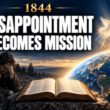 1844-en A thumbnail with the caption “1844 – Disappointment Becomes a Mission.” On the left, people in historical clothing are mourning; in the foreground, an open Bible; on the right, the Earth bathed in golden light and three angels with trumpets.