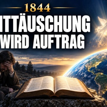1844 Thumbnail mit der Aufschrift „1844 – Enttäuschung wird Auftrag“. Links trauernde Menschen in historischer Kleidung, vorne eine offene Bibel, rechts die Erde im goldenen Licht und drei Engel mit Posaunen.