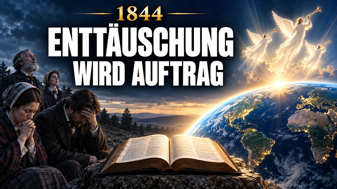 Thumbnail mit der Aufschrift „1844 – Enttäuschung wird Auftrag“. Links trauernde Menschen in historischer Kleidung, vorne eine offene Bibel, rechts die Erde im goldenen Licht und drei Engel mit Posaunen.
