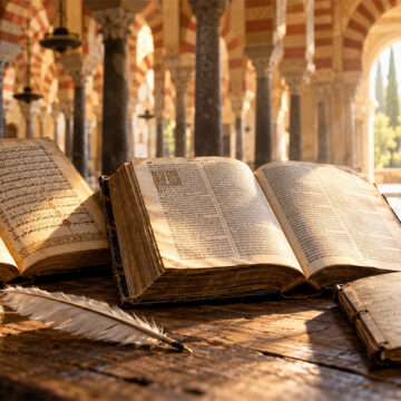 From Córdoba to 1844 – Traces of Religious Freedom An Arabic manuscript, an old Bible, and a notebook dated 1844 lie in front of the arches of Córdoba in the warm sunlight.