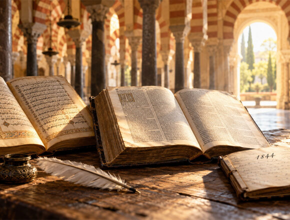 Von Córdoba bis 1844 – Spuren geistlicher Freiheit Ein arabisches Manuskript, eine alte Bibel und ein Notizbuch mit der Jahreszahl 1844 liegen vor den Bögen Córdobas im warmen Sonnenlicht.