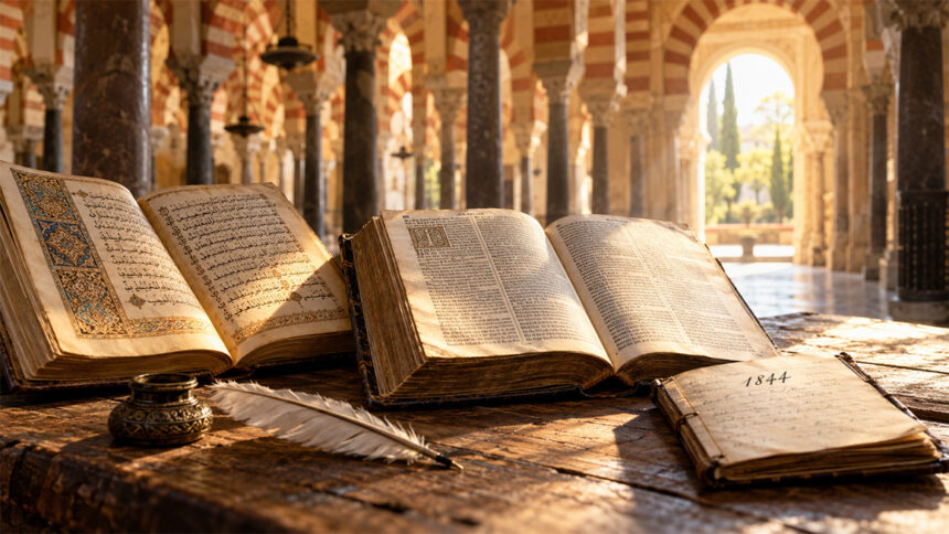From Córdoba to 1844 – Traces of Religious Freedom An Arabic manuscript, an old Bible, and a notebook dated 1844 lie in front of the arches of Córdoba in the warm sunlight.