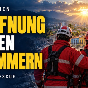 kolumbien Zwei Rettungshelfer in roten Jacken stehen vor Trümmern in einer kolumbianischen Stadt. Einer legt dem anderen die Hand auf die Schulter. Sonnenstrahlen durchbrechen die Wolken. Links steht in großer gelber und weißer Schrift: „Kolumbien – Hoffnung in den Trümmern – Gideon Rescue“.