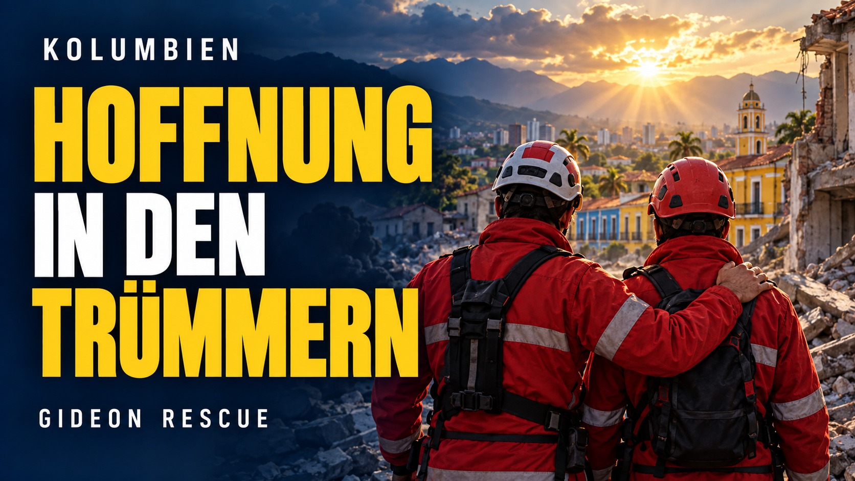 Zwei Rettungshelfer in roten Jacken stehen vor Trümmern in einer kolumbianischen Stadt. Einer legt dem anderen die Hand auf die Schulter. Sonnenstrahlen durchbrechen die Wolken. Links steht in großer gelber und weißer Schrift: „Kolumbien – Hoffnung in den Trümmern – Gideon Rescue“.