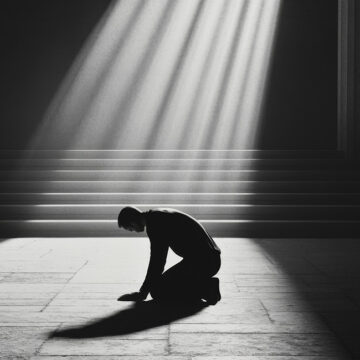 reue Man kneeling in sunlit hall, monochrome.