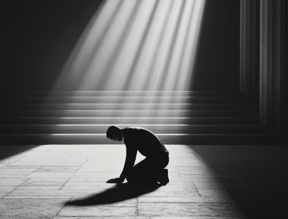 reue Man kneeling in sunlit hall, monochrome.