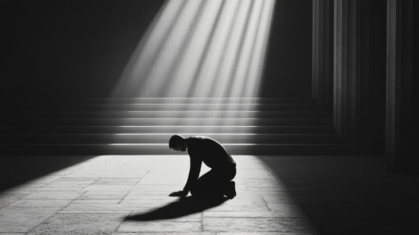 reue Man kneeling in sunlit hall, monochrome.