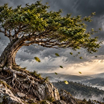storm A tree with strong, exposed roots on a rocky slope stands firm against the storm. The wind bends its crown and whips leaves through the air, while rays of sunlight pierce through the dark clouds.