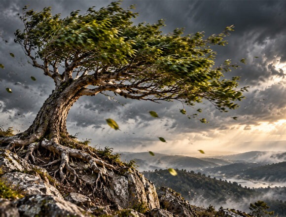 sturm Ein Baum mit kräftigen, sichtbaren Wurzeln auf einem felsigen Hang trotzt dem Sturm. Der Wind biegt seine Krone und wirbelt Blätter durch die Luft, während Sonnenstrahlen durch dunkle Wolken brechen.