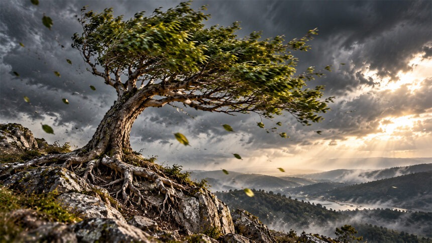 sturm Ein Baum mit kräftigen, sichtbaren Wurzeln auf einem felsigen Hang trotzt dem Sturm. Der Wind biegt seine Krone und wirbelt Blätter durch die Luft, während Sonnenstrahlen durch dunkle Wolken brechen.
