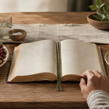 veget Eine offene Bibel liegt auf einem Holztisch zwischen einem Teller mit pflanzlichen Lebensmitteln und einem Teller mit Fleisch. Eine Hand auf der Buchseite deutet das Nachdenken über Ernährung und Gewissen an.