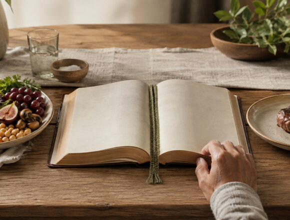 veget Eine offene Bibel liegt auf einem Holztisch zwischen einem Teller mit pflanzlichen Lebensmitteln und einem Teller mit Fleisch. Eine Hand auf der Buchseite deutet das Nachdenken über Ernährung und Gewissen an.