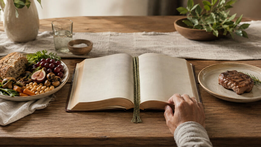 veget Eine offene Bibel liegt auf einem Holztisch zwischen einem Teller mit pflanzlichen Lebensmitteln und einem Teller mit Fleisch. Eine Hand auf der Buchseite deutet das Nachdenken über Ernährung und Gewissen an.