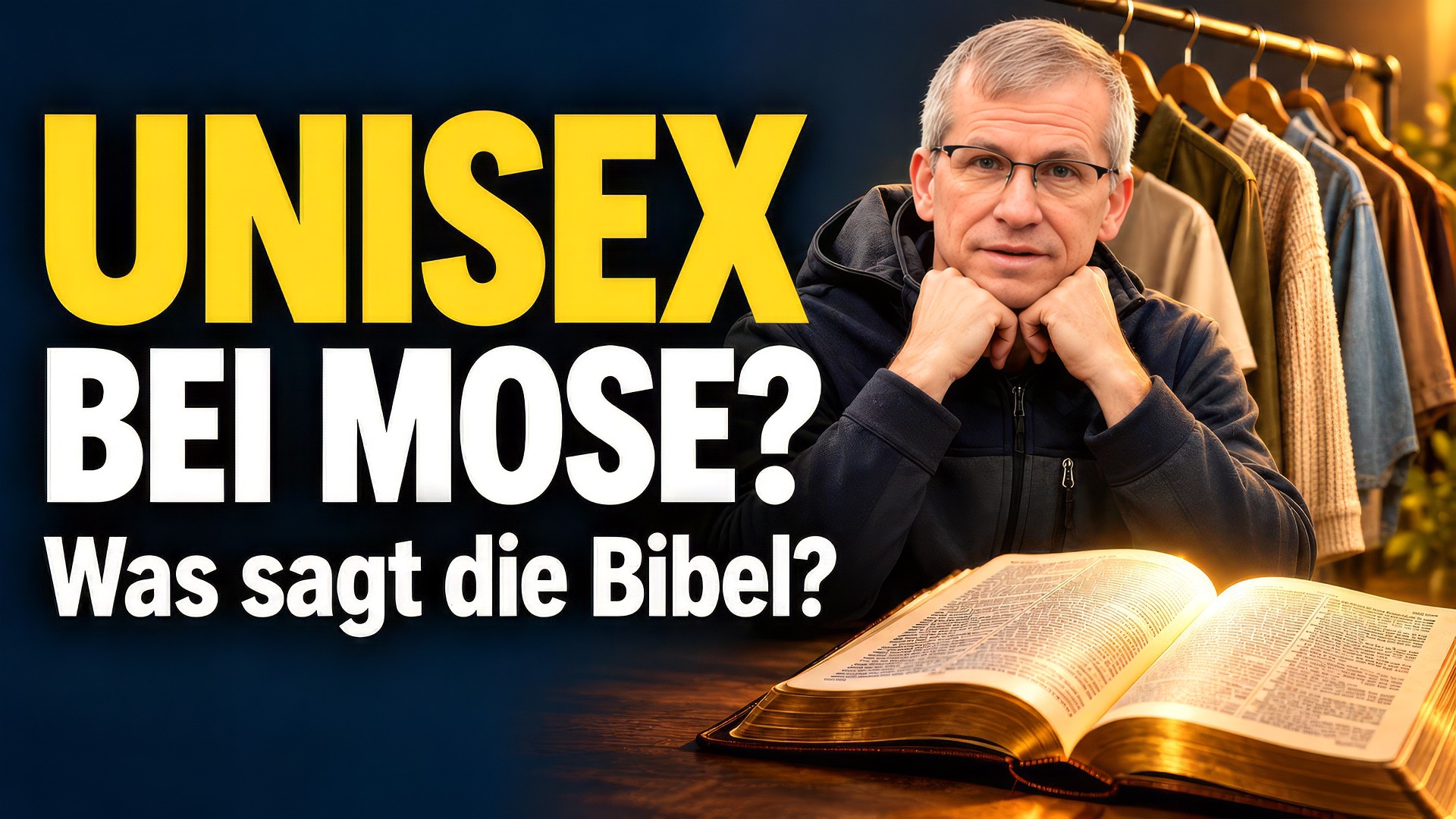 Kai stützt sein Kinn auf beide Hände; daneben eine offene Bibel, Kleidung und die Aufschrift „Unisex bei Mose?“.